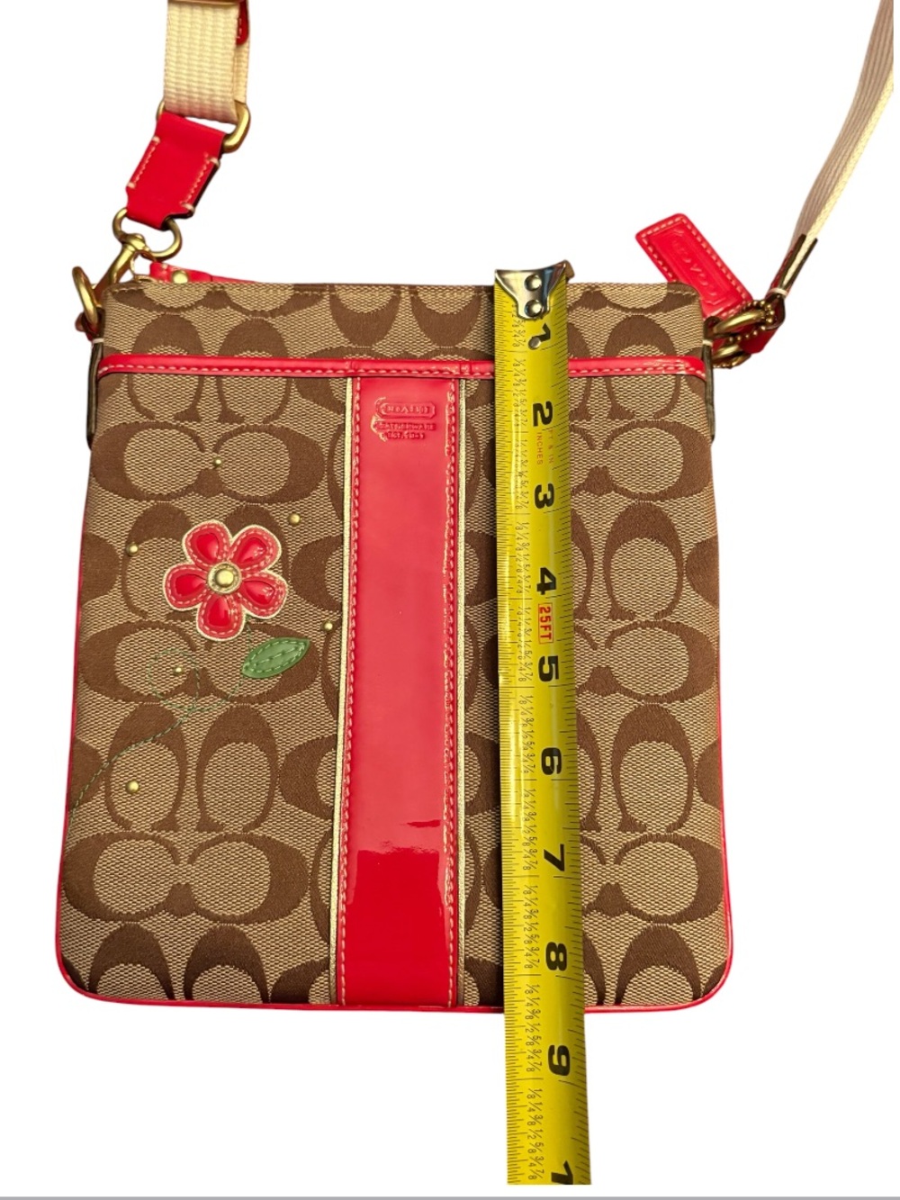Coach Signature Beige Red Canvas Floral Accent Cross-body Bag 41177 - Picture 10 of 12